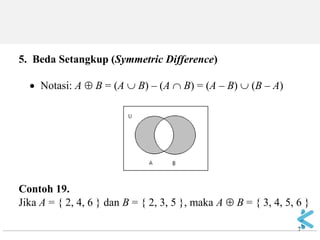 7 
5. Beda Setangkup (Symmetric Difference) Notasi: A  B = (A  B) – (A  B) = (A – B)  (B – A) Contoh 19. Jika A = { 2, 4, 6 } dan B = { 2, 3, 5 }, maka A  B = { 3, 4, 5, 6 }  