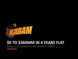 $0 TO $360MM IN 4 YEARS FLAT
HOLLY LIU, CO-FOUNDER & CHIEF OF STAFF AT KABAM
@HollyHLiu
 