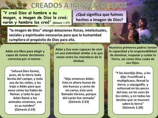 “Y creó Dios al hombre a su
 “Y creó Dios al hombre a su                ¿Qué significa que fuimos
                                             ¿Qué significa que fuimos
imagen, a imagen de Dios lo creó;
 imagen, a imagen de Dios lo creó;          hechos a imagen de Dios?
                                             hechos a imagen de Dios?
varón y hembra los creó” (Génesis 1:27)
 varón y hembra los creó” (Génesis 1:27)
   “la imagen de Dios” otorgó dotaciones físicas, intelectuales,
   sociales y espirituales necesarias para que la humanidad
   cumpliera el propósito de Dios para ella.
 