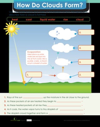 More worksheets at www.education.com/worksheetsCopyright © 2010-2011 by Education.com2012-2013
How Do Clouds Form?
Rays of the sun heat up the moisture in the air close to the ground.
As these pockets of air are heated they begin to rise.
As these heated pockets of air rise they cool.
As it cools, the water vapor turns to tiny droplets of liquid water.
The droplets crowd together and form a
1.
2.
3.
4.
5.
heat rise cloudcool liquid water
Use the words below and clues at the bottom to fill in the labels that
describe how a cloud is formed.
1. 2.
3.
4.
5.
Evaporation
takes place as water
molecules escape into
the air from water, like a
puddle, a lake, a stream,
or just a droplet of water.
.
.
.
.
 