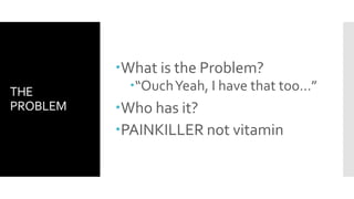THE
PROBLEM
What is the Problem?
“OuchYeah, I have that too…”
Who has it?
PAINKILLER not vitamin
 