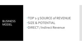 BUSINESS
MODEL
TOP 1-3 SOURCE of REVENUE
SIZE & POTENTIAL
DIRECT / Indirect Revenue
 
