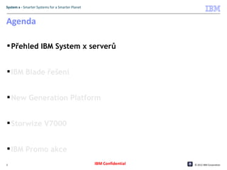 System x - Smarter Systems for a Smarter Planet



Agenda

 Přehled IBM System x serverů


 IBM Blade řešení


 New Generation Platform


 Storwize V7000


 IBM Promo akce
3                                                 IBM Confidential   © 2012 IBM Corporation
 