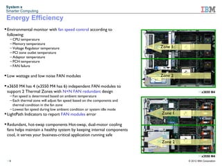 System x
Smarter Computing

 Energy Efficiency
 Environmental monitor with fan speed control according to
  following:
   – CPU temperature
   – Memory temperature
   – Voltage Regulator temperature                                         Zone 1
   – PCI zone outlet temperature
   – Adaptor temperature
   – PCH temperature
   – FAN failure

 Low wattage and low noise FAN modules                                    Zone 2

 x3650 M4 has 4 (x3550 M4 has 6) independent FAN modules to
  support 2 Thermal Zones with N+N FAN redundant design                                     x3650 M4
   – Fan speed is determined based on ambient temperature
   – Each thermal zone will adjust fan speed based on the components and
     thermal condition in the fan zone
   – Lowest fan speed during low ambient condition or system idle mode
 LightPath Indicators to report FAN modules error                         Zone 1

 Redundant, hot-swap components Hot-swap, dual-motor cooling
  fans helps maintain a healthy system by keeping internal components
  cool, it serves your business-critical application running safe
                                                                           Zone 2


                                                                                            x3550 M4
 8                                                                                  © 2012 IBM Corporation
 