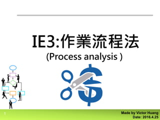 1
IE3:作業流程法
(Process analysis )
Made by Victor Huang
Date: 2016.4.25
 