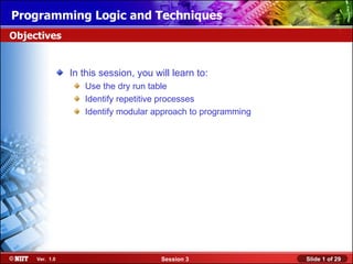 Installing WindowsLogic and Techniques
Programming XP Professional Using Attended Installation
Objectives


                In this session, you will learn to:
                   Use the dry run table
                   Identify repetitive processes
                   Identify modular approach to programming




     Ver. 1.0                          Session 3              Slide 1 of 29
 