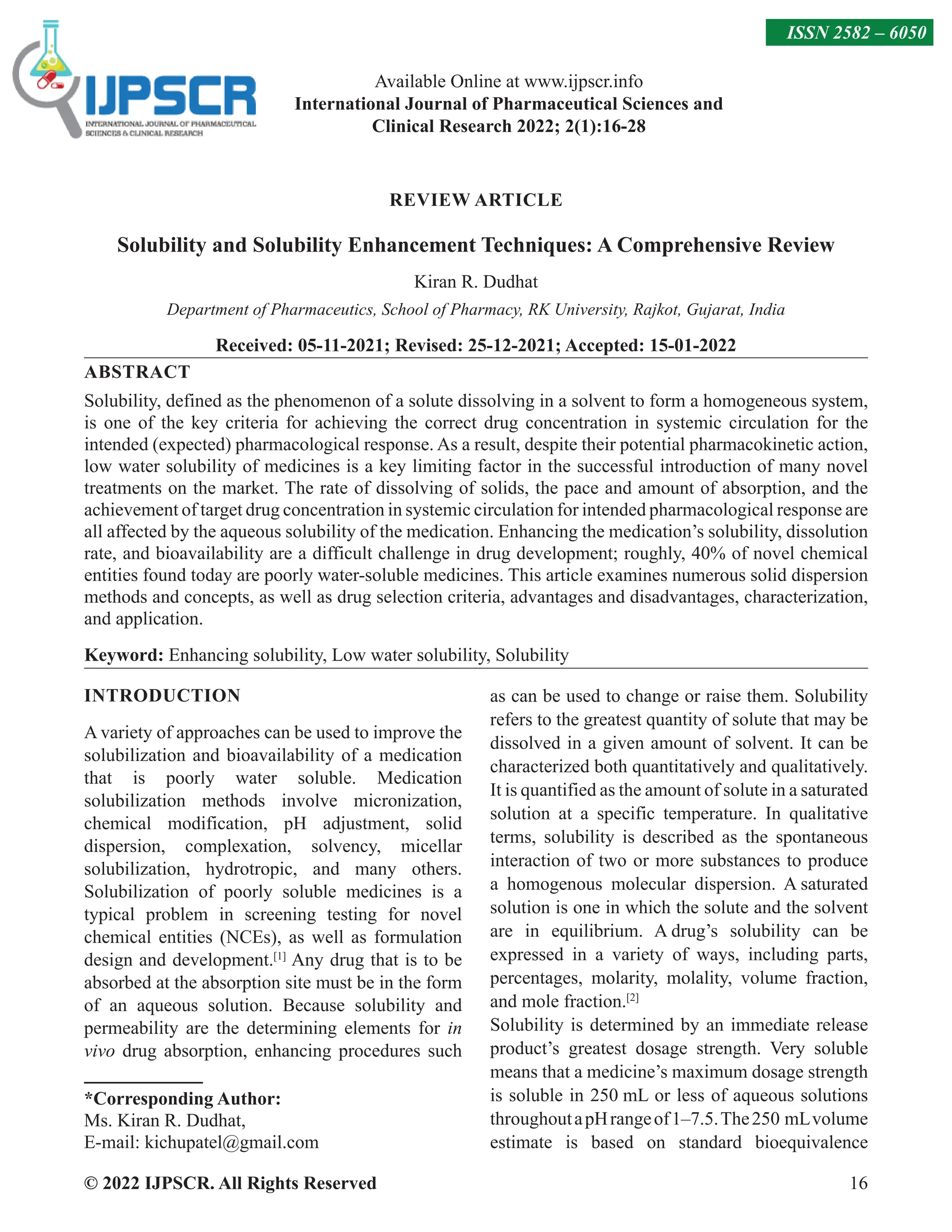 Solubility and Solubility Enhancement Techniques: A Comprehensive ...