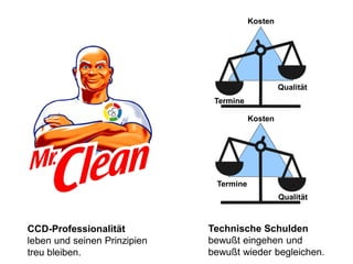 Kosten




                                                                                    Qualität
                                                                Termine

                                                                           Kosten




                                                                 Termine
                                                                                    Qualität



CCD-Professionalität                                           Technische Schulden
leben und seinen Prinzipien                                    bewußt eingehen und
treu Clean Coding: Sauber programmieren – Effizienz steigern
 Team bleiben.                                                 bewußt wieder begleichen. / 52
                                                                                    Seite 21
 
