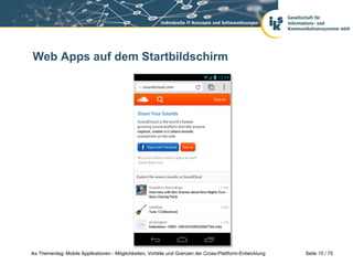 Seite 15 / 75iks Thementag: Mobile Applikationen - Möglichkeiten, Vorteile und Grenzen der Cross-Plattform-Entwicklung
Web Apps auf dem Startbildschirm
 