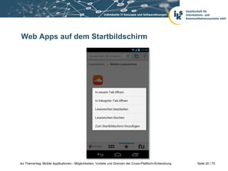 Seite 20 / 75iks Thementag: Mobile Applikationen - Möglichkeiten, Vorteile und Grenzen der Cross-Plattform-Entwicklung
Web Apps auf dem Startbildschirm
 