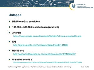 Seite 40 / 75iks Thementag: Mobile Applikationen - Möglichkeiten, Vorteile und Grenzen der Cross-Plattform-Entwicklung
Untappd
Mit PhoneGap entwickelt
100.000 – 500.000 Installationen (Android)
Android
https://play.google.com/store/apps/details?id=com.untappdllc.app
iOS
http://itunes.apple.com/us/app/untappd/id449141888
BackBerry
http://appworld.blackberry.com/webstore/content/21866709/
Windows Phone 8
http://www.windowsphone.com/en-us/store/app/untappd/2b72bcab-ae88-4134-9f19-dd47e77cd64a
 