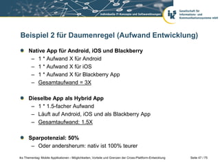 Seite 47 / 75iks Thementag: Mobile Applikationen - Möglichkeiten, Vorteile und Grenzen der Cross-Plattform-Entwicklung
Beispiel 2 für Daumenregel (Aufwand Entwicklung)
Native App für Android, iOS und Blackberry
– 1 * Aufwand X für Android
– 1 * Aufwand X für iOS
– 1 * Aufwand X für Blackberry App
– Gesamtaufwand = 3X
Dieselbe App als Hybrid App
– 1 * 1.5-facher Aufwand
– Läuft auf Android, iOS und als Blackberry App
– Gesamtaufwand: 1.5X
Sparpotenzial: 50%
– Oder andersherum: nativ ist 100% teurer
 