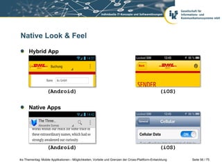 Seite 56 / 75iks Thementag: Mobile Applikationen - Möglichkeiten, Vorteile und Grenzen der Cross-Plattform-Entwicklung
Native Look & Feel
Hybrid App
(Android) (iOS)
Native Apps
(Android) (iOS)
 