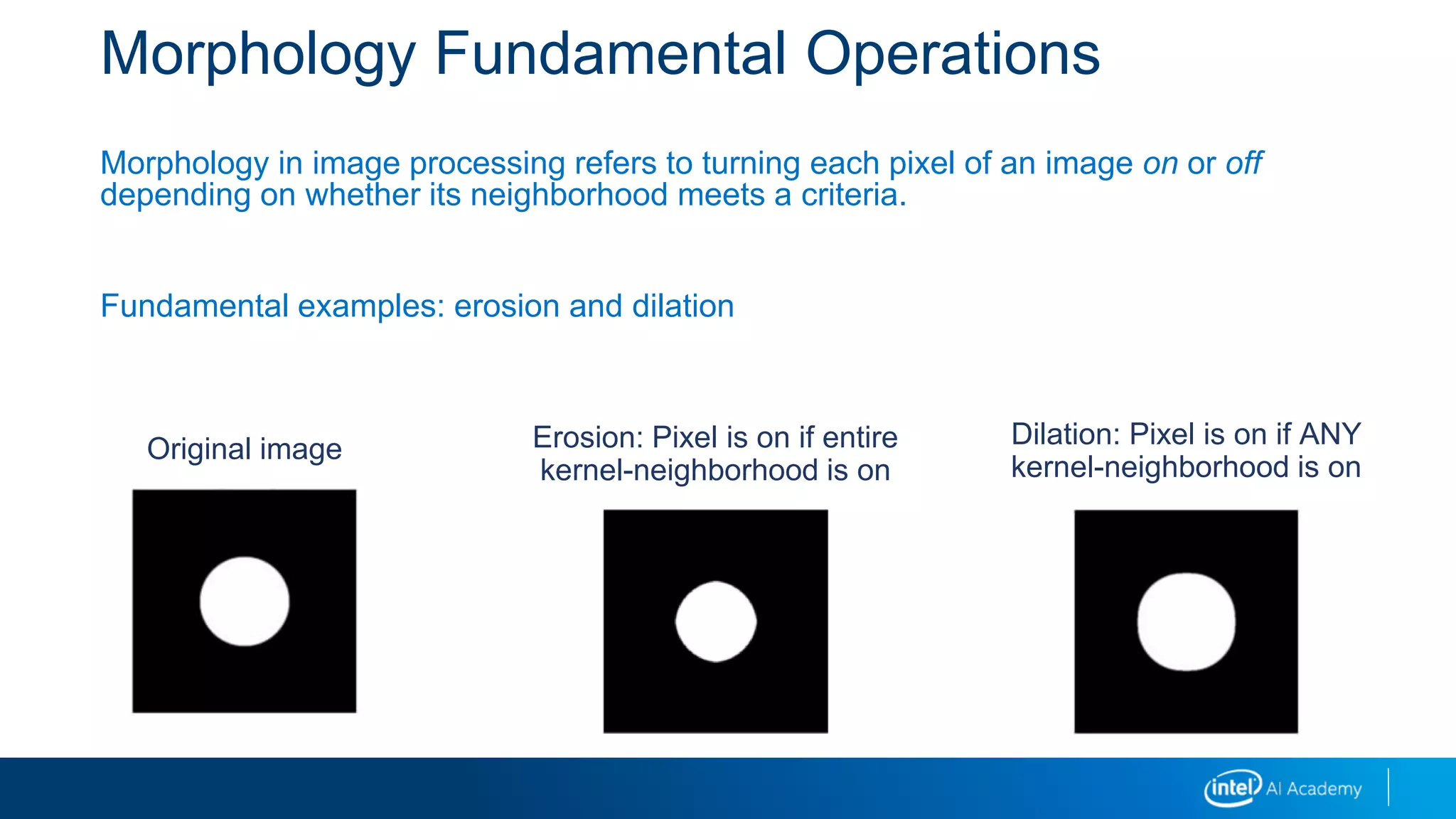 Erosion: Pixel is on if entire
kernel-neighborhood is on
Morphology Fundamental Operations
Morphology in image processing refers to turning each pixel of an image on or off
depending on whether its neighborhood meets a criteria.
Fundamental examples: erosion and dilation
Dilation: Pixel is on if ANY
kernel-neighborhood is on
Original image
 