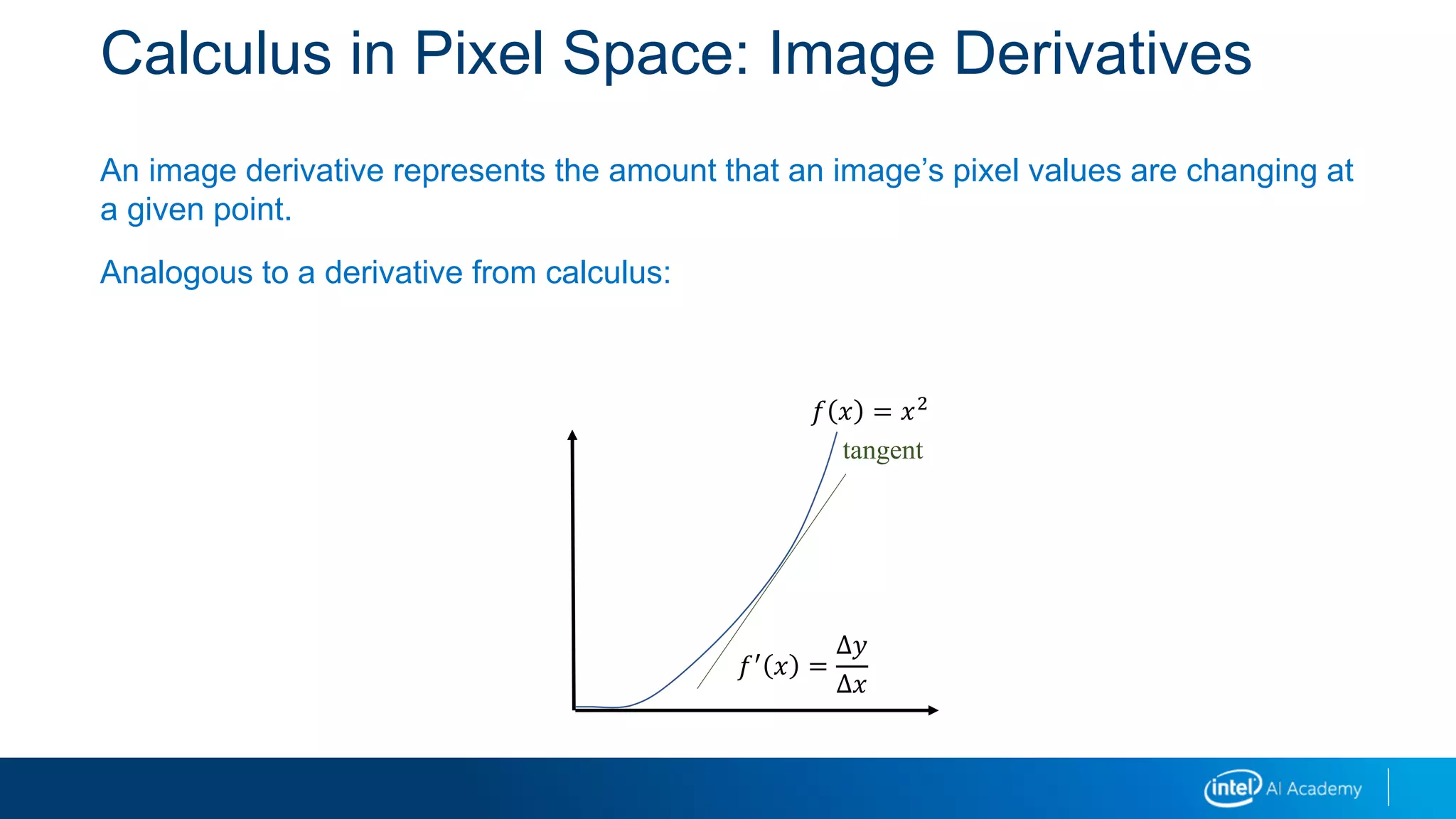 Calculus in Pixel Space: Image Derivatives
An image derivative represents the amount that an image’s pixel values are changing at
a given point.
Analogous to a derivative from calculus:
tangent
𝑓′
𝑥 =
Δ𝑦
Δ𝑥
𝑓 𝑥 = 𝑥2
 