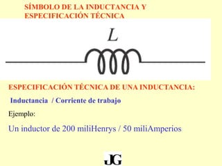 SÍMBOLO DE LA INDUCTANCIA Y
ESPECIFICACIÓN TÉCNICA
ESPECIFICACIÓN TÉCNICA DE UNA INDUCTANCIA:
Inductancia / Corriente de trabajo
Ejemplo:
Un inductor de 200 miliHenrys / 50 miliAmperios
 