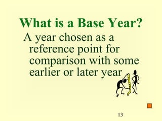 What is a Base Year?
A year chosen as a
 reference point for
 comparison with some
 earlier or later year


                 13
 
