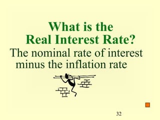 What is the
   Real Interest Rate?
The nominal rate of interest
 minus the inflation rate


                      32
 