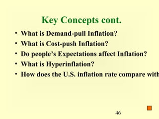 Key Concepts cont.
•   What is Demand-pull Inflation?
•   What is Cost-push Inflation?
•   Do people’s Expectations affect Inflation?
•   What is Hyperinflation?
•   How does the U.S. inflation rate compare with




                                  46
 