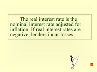 The real interest rate is the
nominal interest rate adjusted for
inflation. If real interest rates are
negative, lenders incur losses.




                               55
 