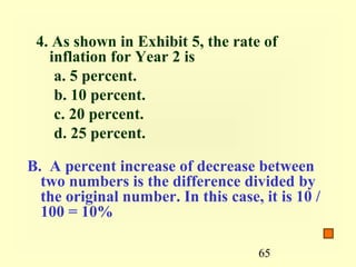 4. As shown in Exhibit 5, the rate of
   inflation for Year 2 is
    a. 5 percent.
    b. 10 percent.
    c. 20 percent.
    d. 25 percent.

B. A percent increase of decrease between
  two numbers is the difference divided by
  the original number. In this case, it is 10 /
  100 = 10%

                                     65
 