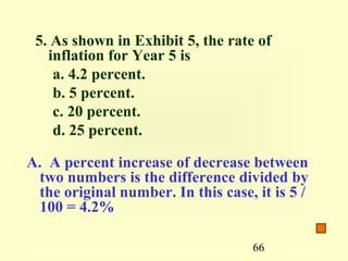 5. As shown in Exhibit 5, the rate of
   inflation for Year 5 is
    a. 4.2 percent.
    b. 5 percent.
    c. 20 percent.
    d. 25 percent.

A. A percent increase of decrease between
 two numbers is the difference divided by
 the original number. In this case, it is 5 /
 100 = 4.2%

                                    66
 