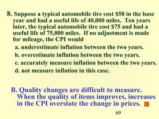 8. Suppose a typical automobile tire cost $50 in the base
  year and had a useful life of 40,000 miles. Ten years
  later, the typical automobile tire cost $75 and had a
  useful life of 75,000 miles. If no adjustment is made
  for mileage, the CPI would
   a. underestimate inflation between the two years.
   b. overestimate inflation between the two years.
   c. accurately measure inflation between the two years.
   d. not measure inflation in this case.


 B. Quality changes are difficult to measure.
   When the quality of items improves, increases
   in the CPI overstate the change in prices.
                                          69
 