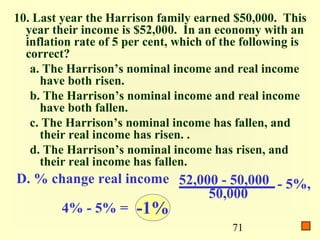 10. Last year the Harrison family earned $50,000. This
  year their income is $52,000. In an economy with an
  inflation rate of 5 per cent, which of the following is
  correct?
   a. The Harrison’s nominal income and real income
     have both risen.
   b. The Harrison’s nominal income and real income
     have both fallen.
   c. The Harrison’s nominal income has fallen, and
     their real income has risen. .
   d. The Harrison’s nominal income has risen, and
     their real income has fallen.
D. % change real income 52,000 - 50,000 - 5%,
                             50,000
      4% - 5% = -1%
                                          71
 