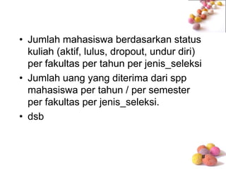 #
• Jumlah mahasiswa berdasarkan status
kuliah (aktif, lulus, dropout, undur diri)
per fakultas per tahun per jenis_seleksi
• Jumlah uang yang diterima dari spp
mahasiswa per tahun / per semester
per fakultas per jenis_seleksi.
• dsb
 