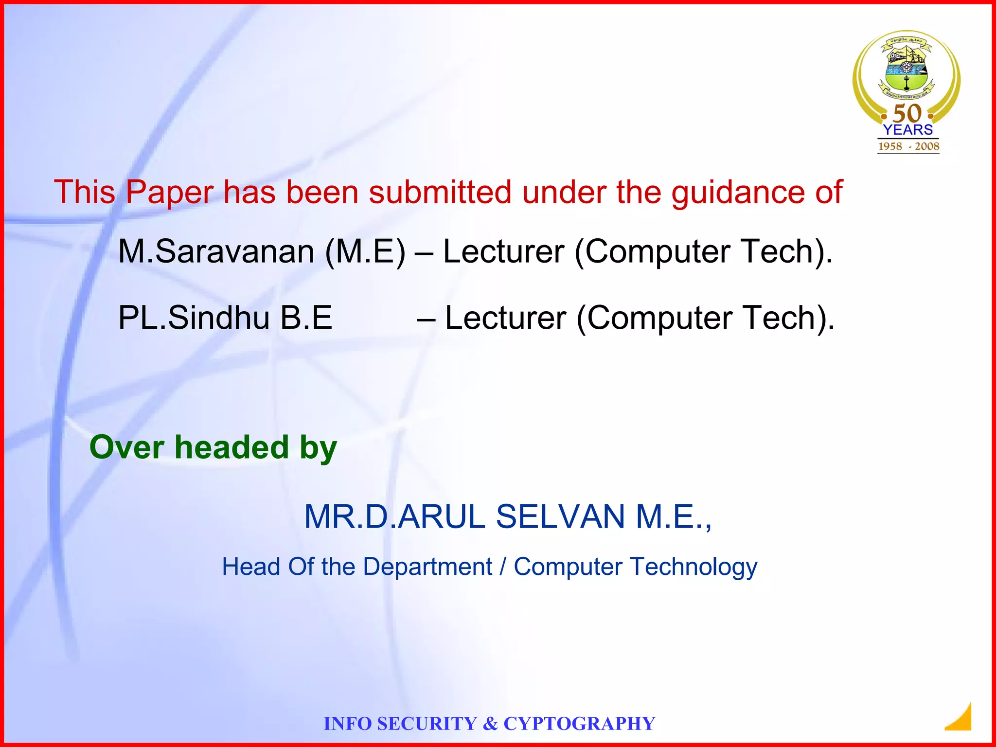 This Paper has been submitted under the guidance of Over headed by M.Saravanan (M.E) – Lecturer (Computer Tech).   PL.Sindhu  B. E  – Lecturer (Computer Tech).   MR.D.ARUL SELVAN M.E., Head Of the Department / Computer Technology 