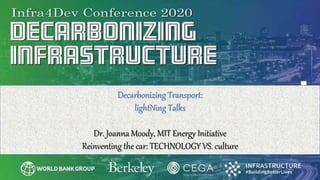 Decarbonizing Transport:
lightNing Talks
Dr. Joanna Moody, MIT Energy Initiative
Reinventing the car: TECHNOLOGY VS. culture
 