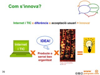 Com s’innova? Internet i TIC   x   diferència   x   acceptació usuari   =   Innovar Innovació <ul><li>= </li></ul>Internet...
