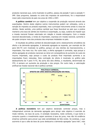 produtos nacionais que, como ilustrado no gráfico, passou da posição Y para a posição Y-IMP. 
Este programa, baseado no corte dos impostos de automóveis, foi o responsável 
maior pelo crescimento do país nos anos de 1992 a 1997. 
A política cambial tem por objetivo a expansão da produção nacional através das 
exportações. Dentro deste objetivo outros instrumentos podem ser utilizados, como a 
isenção de impostos ao produto exportado, mas o principal instrumento ainda é a taxa de 
câmbio. Neste sentido, uma política cambial que fosse favorável ao país que a pratica 
manteria uma taxa de câmbio de incentivo à exportação, ou seja, cuidaria de impedir que 
a moeda nacional ficasse valorizada em relação à moeda estrangeira. Com a moeda 
nacional desvalorizada, a renda do importador, expressa em moeda nacional, aumenta e 
ele pode comprar mais dos produtos das empresas instaladas no país. 
O resultado da política cambial de desvalorização será o deslocamento simultâneo da 
oferta e da demanda agregadas. A demanda agregada se expande, por exemplo de DA 
para DA+TC com mostrado no gráfico, porque um dos clientes da macroeconomia, o 
importador, fica mais rico. Por outro lado, a oferta agregada é contraída, seja porque a 
oferta agregada de produtos nacionais se retrai em conseqüência do aumento do custo do 
insumo importado, seja porque o custo do produto final importado aumenta e as 
importações ficam reduzidas. Esta contração da oferta é mostrada no gráfico pelo 
deslocamento de Y para Y+TC, Na soma dos dois efeitos, a resultante, denominada de 
YTC, é sempre um aumento da produção e dos preços. Por outro lado, a valorização 
artificial da moeda nacional não é política cambial. 
POLÍTICA CAMBIAL 
EFEITO DE UMA DESVALORIZAÇÃO DO REAL 
265 
245 
225 
205 
185 
165 
145 
125 
Y+TC Y YTC 
700 720 740 760 780 800 820 840 
QUANTIDADE 
PREÇO 
DA 
DA + TC 
2 
1 
A política monetária tem por objetivo declarado controlar preços, mas o 
indispensável controle da demanda agregada para atingir este objetivo é exercido de 
modo indireto, via taxa de juros. A condição necessária, neste contexto, é que tanto o 
consumo quanto o investimento sejam sensíveis à taxa de juros, mas não há evidência 
empírica suficiente para provar que esta sensibilidade de fato existe. Se existisse, o que 
ocorreria é que a alta da taxa de juros deslocaria a demanda agregada “para trás”, indo 
6 
 