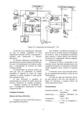 3-7
Figura 3-8 Componentes do Sistema PN – 101
O sinal de erro é amplificado e detectado
em fase na unidade acopladora. O sinal
amplificado, detectado em fase e restringindo, é
utilizado para reposicionar o síncrono
diferencial.
O síncrono diferencial (acoplamento do
giro direcional ao cartão compasso do HSI) gera
um sinal de compensação com relação ao giro,
para o transformador de controle do cartão
compasso do HSI.
O transformador de controle produz um
sinal que após ser amplificado na unidade
acopladora é aplicado ao motor do cartão
compasso. O cartão compasso é então girado
para a posição correta.
O giro direcional é acoplado ao
transformador de controle do cartão através do
síncrono diferencial da unidade acopladora.
Qualquer mudança na informação do
giro é imediatamente apresentada no cartão
compasso do HSI
Unidades do Sistema
Detector de Fluxo (323A-2G)
O detector de fluxo (323A-2G) fornece a
proa magnética da aeronave.
Essa unidade é usualmente localizada na
ponta da asa ou na parte traseira da fuselagem
da aeronave, onde as perturbações produzidas
pelos motores e sistema elétrico são menores.
Acessórios de compensação reduzem qualquer
erro induzido na unidade.
O detector de fluxo é constituído de um
elemento sensor suportado pendularmente, com
o propósito de detectar a componente vertical do
campo magnético local, somente na posição
ereta.
O elemento sensor está localizado dentro
de um compartimento hermético e cheio de um
fluído especial.
Os sinais de saída são fornecidos através
de uma conexão a três fios, tipo síncrono. A
figura 3-9 apresenta o esquema elétrico da
válvula detectora de fluxo.
Características
Entrada (excitação) ... 26 VCA, 400Hz
monofásica.
Saída (sinal) ..............trifásica (SINCRO) de
800Hz
Temperatura -55 a + 70º C
Variações ..................± 15% de freqüência e
tensão.
 