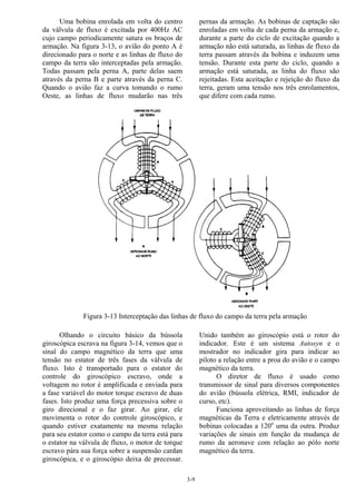 3-9
Uma bobina enrolada em volta do centro
da válvula de fluxo é excitada por 400Hz AC
cujo campo periodicamente satura os braços de
armação. Na figura 3-13, o avião do ponto A é
direcionado para o norte e as linhas de fluxo do
campo da terra são interceptadas pela armação.
Todas passam pela perna A, parte delas saem
através da perna B e parte através da perna C.
Quando o avião faz a curva tomando o rumo
Oeste, as linhas de fluxo mudarão nas três
pernas da armação. As bobinas de captação são
enroladas em volta de cada perna da armação e,
durante a parte do ciclo de excitação quando a
armação não está saturada, as linhas de fluxo da
terra passam através da bobina e induzem uma
tensão. Durante esta parte do ciclo, quando a
armação está saturada, as linha do fluxo são
rejeitadas. Esta aceitação e rejeição do fluxo da
terra, geram uma tensão nos três enrolamentos,
que difere com cada rumo.
Figura 3-13 Interceptação das linhas de fluxo do campo da terra pela armação
Olhando o circuito básico da bússola
giroscópica escrava na figura 3-14, vemos que o
sinal do campo magnético da terra que uma
tensão no estator de três fases da válvula de
fluxo. Isto é transportado para o estator do
controle do giroscópico escravo, onde a
voltagem no rotor é amplificada e enviada para
a fase variável do motor torque escravo de duas
fases. Isto produz uma força precessiva sobre o
giro direcional e o faz girar. Ao girar, ele
movimenta o rotor do controle giroscópico, e
quando estiver exatamente na mesma relação
para seu estator como o campo da terra está para
o estator na válvula de fluxo, o motor de torque
escravo pára sua força sobre a suspensão cardan
giroscópica, e o giroscópio deixa de precessar.
Unido também ao giroscópio está o rotor do
indicador. Este é um sistema Autosyn e o
mostrador no indicador gira para indicar ao
piloto a relação entre a proa do avião e o campo
magnético da terra.
O diretor de fluxo é usado como
transmissor de sinal para diversos componentes
do avião (bússola elétrica, RMI, indicador de
curso, etc).
Funciona aproveitando as linhas de força
magnéticas da Terra e eletricamente através de
bobinas colocadas a 120o
uma da outra. Produz
variações de sinais em função da mudança de
rumo da aeronave com relação ao pólo norte
magnético da terra.
 