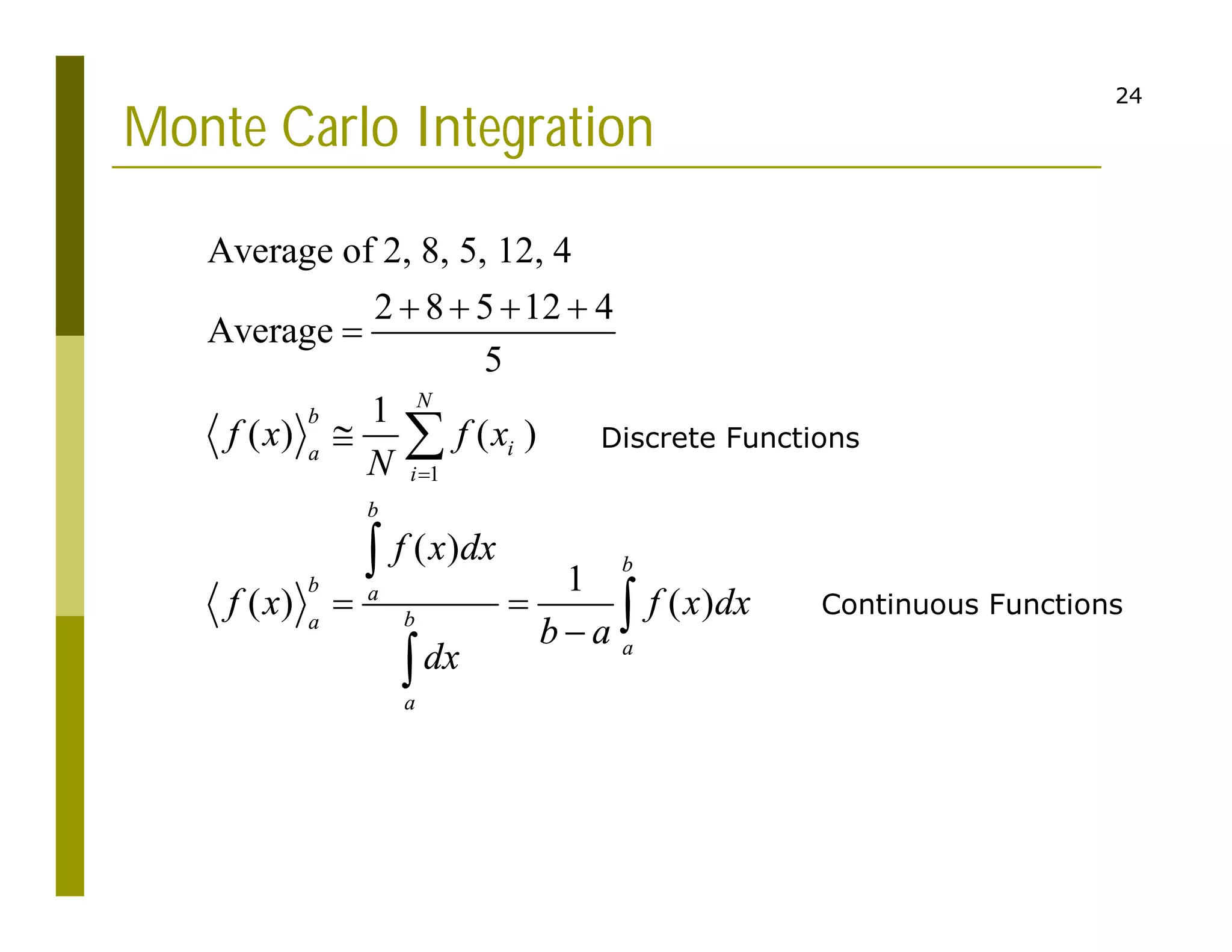 24
Monte Carlo Integration
1
Average of 2, 8, 5, 12, 4
2 8 5 12 4
Average
5
1
( ) ( )
( )
1
( ) ( )
N
b
i
a
i
b
b
b a
b
a
a
a
f x f x
N
f x dx
f x f x dx
b a
dx

   


 





Discrete Functions
Continuous Functions
 