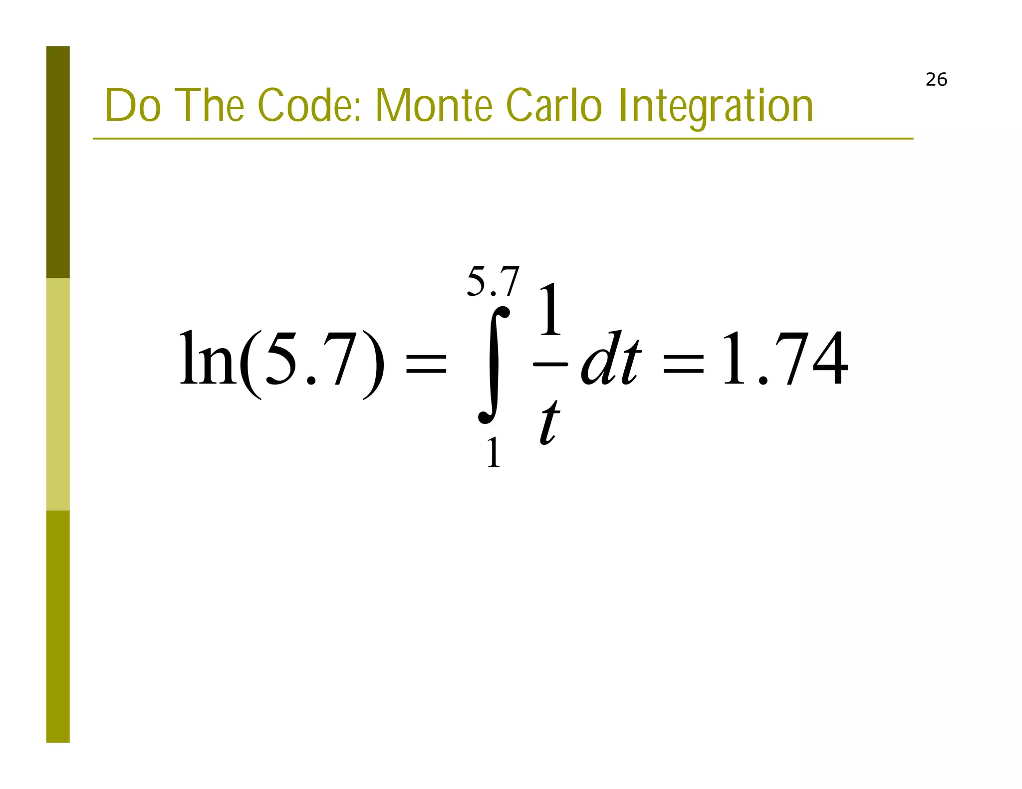 26
Do The Code: Monte Carlo Integration
5.7
1
1
ln(5.7) 1.74
dt
t
 

 