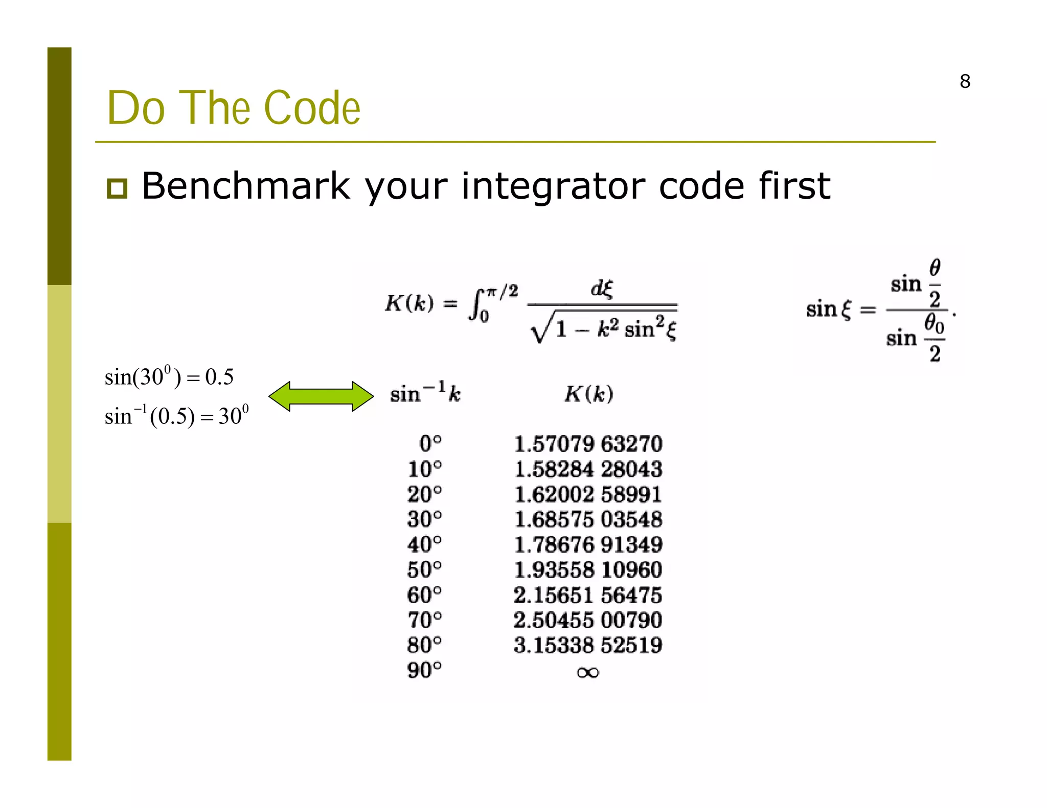 8
Do The Code
 Benchmark your integrator code first
0
1 0
sin(30 ) 0.5
sin (0.5) 30



 