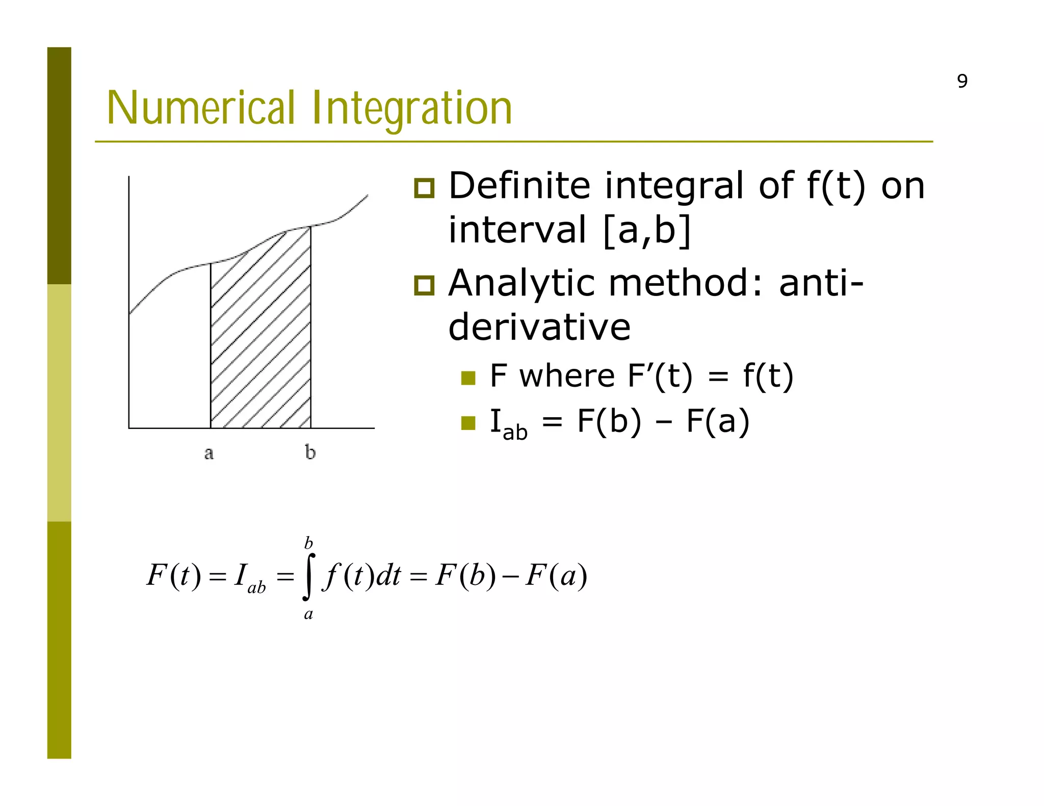 9
9
Numerical Integration
 Definite integral of f(t) on
interval [a,b]
 Analytic method: anti-
derivative
 F where F’(t) = f(t)
 Iab = F(b) – F(a)
( ) ( ) ( ) ( )
b
ab
a
F t I f t dt F b F a
   

 