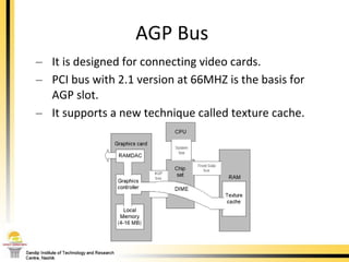 AGP Bus  It is designed for connecting video cards.  PCI bus with 2.1 version at 66MHZ is the basis for AGP slot.  It supports a new technique called texture cache.  