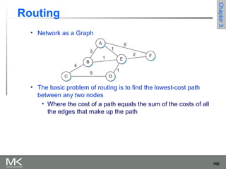 100
Chapter3Chapter3
Routing
• Network as a Graph
• The basic problem of routing is to find the lowest-cost path
between any two nodes
• Where the cost of a path equals the sum of the costs of all
the edges that make up the path
 