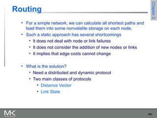 101
Chapter3Chapter3
Routing
• For a simple network, we can calculate all shortest paths and
load them into some nonvolatile storage on each node.
• Such a static approach has several shortcomings
• It does not deal with node or link failures
• It does not consider the addition of new nodes or links
• It implies that edge costs cannot change
• What is the solution?
• Need a distributed and dynamic protocol
• Two main classes of protocols
• Distance Vector
• Link State
 