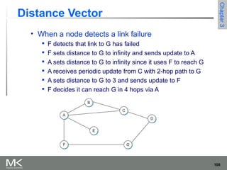 108
Chapter3Chapter3
Distance Vector
• When a node detects a link failure

F detects that link to G has failed

F sets distance to G to infinity and sends update to A

A sets distance to G to infinity since it uses F to reach G

A receives periodic update from C with 2-hop path to G

A sets distance to G to 3 and sends update to F

F decides it can reach G in 4 hops via A
 