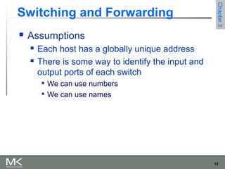 12
Chapter3Chapter3
Switching and Forwarding
 Assumptions
 Each host has a globally unique address
 There is some way to identify the input and
output ports of each switch

We can use numbers

We can use names
 