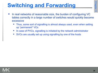 28
Chapter3Chapter3
Switching and Forwarding
 In real networks of reasonable size, the burden of configuring VC
tables correctly in a large number of switches would quickly become
excessive
 Thus, some sort of signalling is almost always used, even when setting
up “permanent” VCs
 In case of PVCs, signalling is initiated by the network administrator
 SVCs are usually set up using signalling by one of the hosts
 