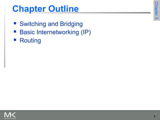 3
Chapter3Chapter3
Chapter Outline
 Switching and Bridging
 Basic Internetworking (IP)
 Routing
 