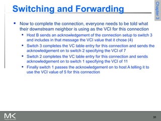 31
Chapter3Chapter3
Switching and Forwarding
 Now to complete the connection, everyone needs to be told what
their downstream neighbor is using as the VCI for this connection
 Host B sends an acknowledgement of the connection setup to switch 3
and includes in that message the VCI value that it chose (4)
 Switch 3 completes the VC table entry for this connection and sends the
acknowledgement on to switch 2 specifying the VCI of 7
 Switch 2 completes the VC table entry for this connection and sends
acknowledgement on to switch 1 specifying the VCI of 11
 Finally switch 1 passes the acknowledgement on to host A telling it to
use the VCI value of 5 for this connection
 