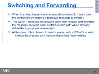 32
Chapter3Chapter3
Switching and Forwarding
 When host A no longer wants to send data to host B, it tears down
the connection by sending a teardown message to switch 1
 The switch 1 removes the relevant entry from its table and forwards
the message on to the other switches in the path which similarly
delete the appropriate table entries
 At this point, if host A were to send a packet with a VCI of 5 to switch
1, it would be dropped as if the connection had never existed
 