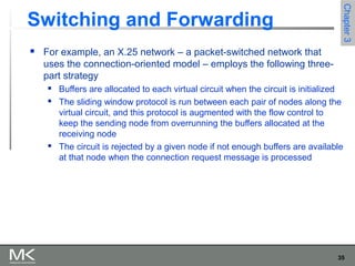 35
Chapter3Chapter3
Switching and Forwarding
 For example, an X.25 network – a packet-switched network that
uses the connection-oriented model – employs the following three-
part strategy
 Buffers are allocated to each virtual circuit when the circuit is initialized
 The sliding window protocol is run between each pair of nodes along the
virtual circuit, and this protocol is augmented with the flow control to
keep the sending node from overrunning the buffers allocated at the
receiving node
 The circuit is rejected by a given node if not enough buffers are available
at that node when the connection request message is processed
 