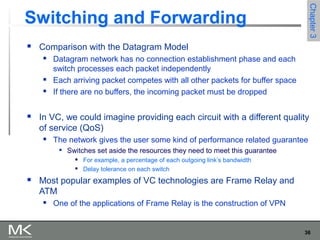 36
Chapter3Chapter3
Switching and Forwarding
 Comparison with the Datagram Model
 Datagram network has no connection establishment phase and each
switch processes each packet independently
 Each arriving packet competes with all other packets for buffer space
 If there are no buffers, the incoming packet must be dropped
 In VC, we could imagine providing each circuit with a different quality
of service (QoS)
 The network gives the user some kind of performance related guarantee

Switches set aside the resources they need to meet this guarantee
 For example, a percentage of each outgoing link’s bandwidth
 Delay tolerance on each switch
 Most popular examples of VC technologies are Frame Relay and
ATM
 One of the applications of Frame Relay is the construction of VPN
 